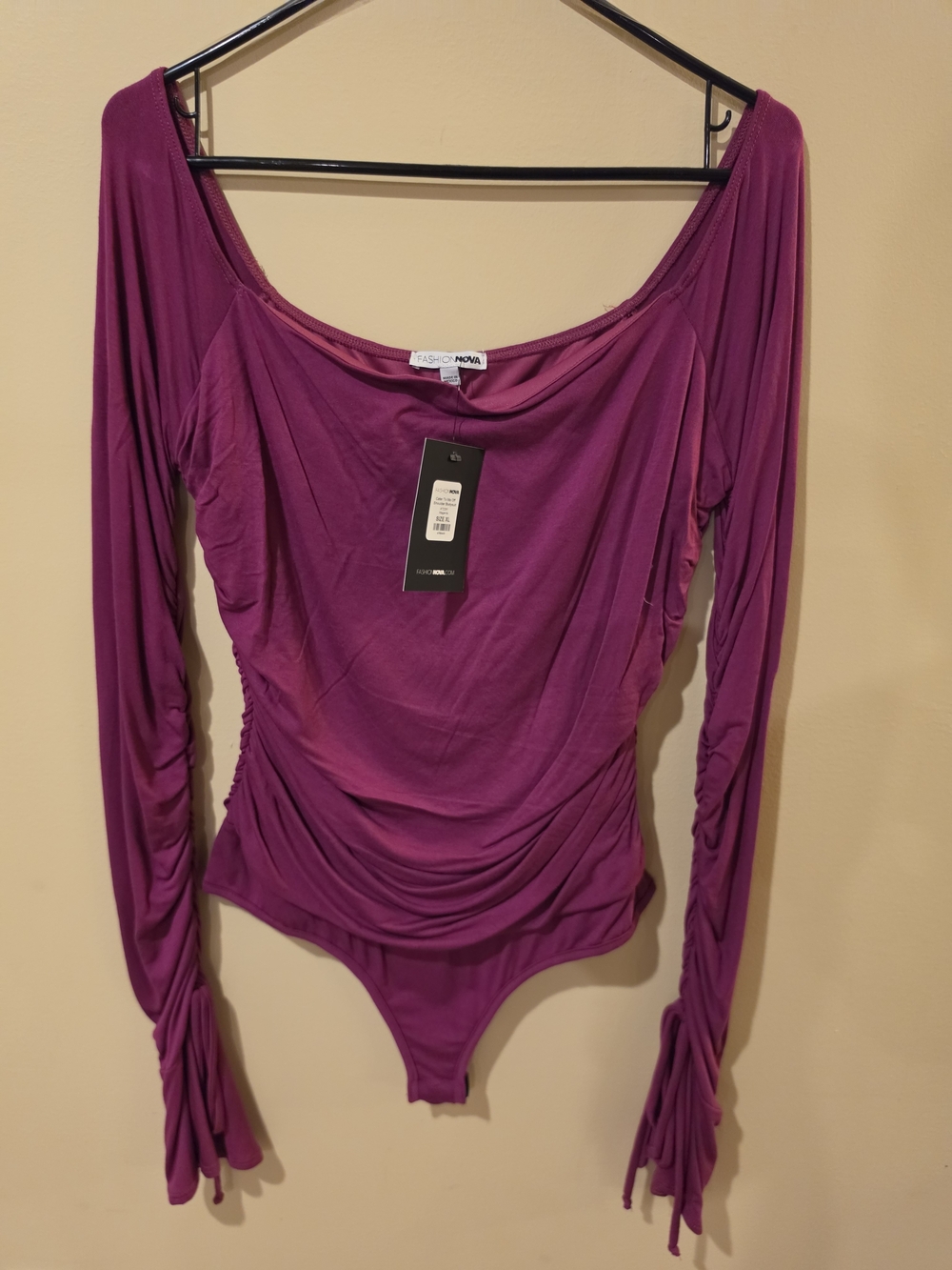 Fashion Nova Women's Magenta Long-Sleeve Ruched Bodysuit